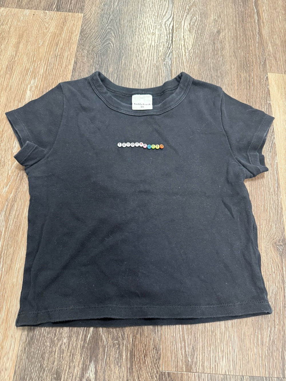 Teddy Fresh Black Crop Tee with Multicolor Bead Detail